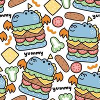 sans couture modèle de mignonne dragon fromage Hamburger avec ingrédient sur blanc background.animal personnage dessin animé conception.rapide nourriture.dinosaure.kawaii.vector.illustration. vecteur