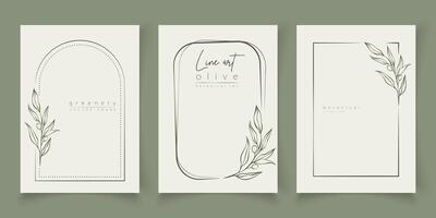 botanique ligne art illustration ensemble de olive feuilles, branche cadres pour mariage invitation et cartes, logo conception, la toile, social médias et affiches modèle. élégant minimal style floral vecteur isolé