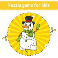 couper et jouer. bonhomme de neige puzzle rond. puzzle de logique pour les enfants. page d'activité. pratique de coupe pour le préscolaire. personnage de dessin animé. thème de Noël. vecteur