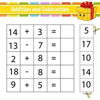 addition et soustraction. tâche pour les enfants. couper et coller. feuille de travail de développement de l'éducation. page d'activité. jeu pour les enfants. drôle de personnage. illustration vectorielle isolée. style de bande dessinée. vecteur