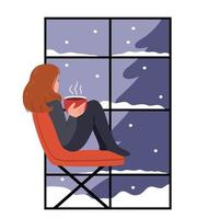la fille est assise sur une chaise, tenant du thé, du café ou du cacao et regardant par la fenêtre panoramique. neige dehors. humeur hivernale. vecteur