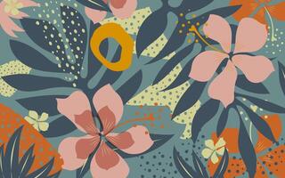 hibiscus fleurs et tropical paume feuilles forme une moderne tropical abstrait été horizontal collage bannière. vecteur. vecteur