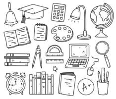 ensemble de école articles - livres, copie livres, dessin boussole, dirigeants, l'obtention du diplôme chapeau, calculatrice, alarme horloge, ordinateur portable, globe, grossissant verre, épingles. vecteur dessiné à la main illustration dans griffonnage style.