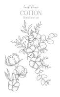 main tiré coton fleurs ligne art illustration. coton des balles isolé sur blanche. floral ligne art. coton plante noir et blanc illustration. bien ligne coton illustration. vecteur