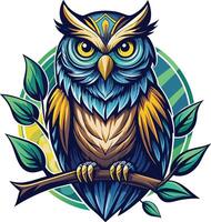 hibou avec vert feuilles. main tiré vecteur illustration pour votre conception