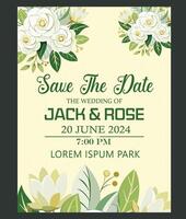 mariage invitation carte avec blanc des roses et vert feuilles. vecteur illustration