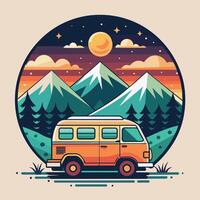 ancien campeur van dans le montagnes à nuit. vecteur illustration.