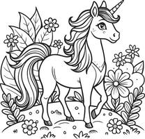 Licorne et fleurs. coloration livre pour les enfants. vecteur illustration.