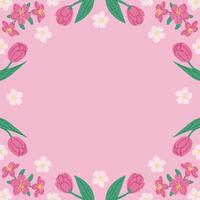 printemps bannière modèle avec tulipes et Cerise fleur sur rose Contexte. Cadre modèle ou conception impression avec main tiré printemps fleurs. bien pour bannière, arrière-plan, social médias graphique vecteur