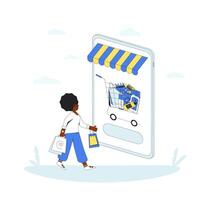 produits de beauté en ligne magasin. achats Chariot avec conditionneurs, shampooing et cheveux traitement sur téléphone intelligent filtrer. vecteur