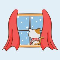 chat mignon regardant les chutes de neige derrière la fenêtre illustration de dessin animé vecteur