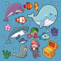 Animaux de la mer vecteur de plantes aquatiques océan poissons cartoon illustration sous-marine vie marine caractère aquatique. Faune sous-marine baleine tropicale dauphin, méduse, étoile de mer.