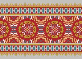 fleur broderie sur marron Contexte. ikat et traverser point géométrique sans couture modèle ethnique Oriental traditionnel. aztèque style illustration conception pour tapis, fond d'écran, vêtements, emballage, batik. vecteur