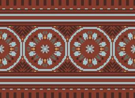 fleur broderie sur marron Contexte. ikat et traverser point géométrique sans couture modèle ethnique Oriental traditionnel. aztèque style illustration conception pour tapis, fond d'écran, vêtements, emballage, batik. vecteur