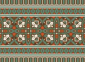 fleur broderie sur marron Contexte. ikat et traverser point géométrique sans couture modèle ethnique Oriental traditionnel. aztèque style illustration conception pour tapis, fond d'écran, vêtements, emballage, batik. vecteur