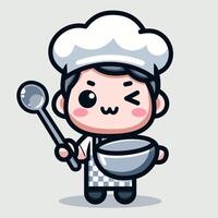 vecteur mignonne chef garçon en portant friture la poêle et spatule kawaii dessin animé