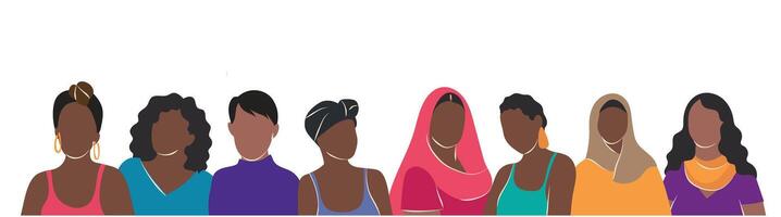 femelle diverse visages de différent ethnie. femmes responsabilisation mouvement modèle. international aux femmes journée graphique dans vecteur