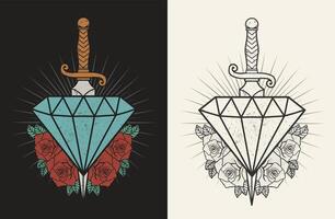 ensemble illustration diamant avec couteau et Rose fleurs vecteur