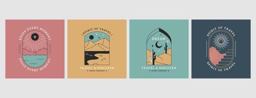 vecteur branché linéaire boho emblèmes avec Montagne paysage. Voyage logos avec cactus, escaliers, sablonneux désert, Soleil et lune, rivière ou lac, céleste symbole. moderne bohémien Icônes ou badges pour vacances