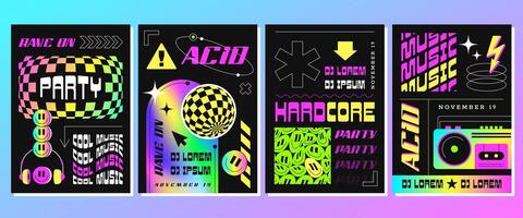 délirer acide affiches pour fête ou électronique la musique festival. surréaliste vecteur illustration dans branché psychédélique style. prospectus avec abstrait géométrique formes, sourires, disco Balle et holographique Cadre