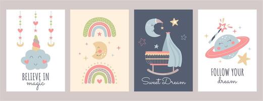 ensemble de mignonne boho bébé affiches dans scandinave style. bohémien garderie cartes avec arc-en-ciel, lune, nuage, étoiles, la magie planète. impression décor pour des gamins chambre. chambre mur art avec main tiré caractères citation vecteur