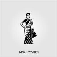 Indien femmes sari clipart Indien femme portant de mariée tenue-noir et blanc vecteur illustration