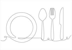 continu un ligne dessin de fourchette couteau cuillère et assiette en dehors ligne vecteur art illustration