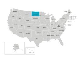 vecteur isolé illustration de simplifié administratif carte de le Etats-Unis. les frontières de le États avec des noms. bleu silhouette de Nord Dakota, État.
