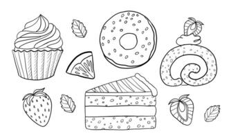 une variété de desserts sont représenté dans le blanc ligne art dessin vecteur