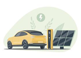 électrique voiture est mise en charge. électrique voiture avec mise en charge station et solaire panneaux. vecteur