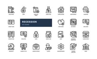 récession argent global économie ralentissement crise la finance détaillé contour ligne icône ensemble vecteur