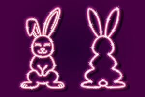 néon lapins de face et arrière. embrasé rose néon lapins brillant dans une sombre. lapin néon ampoule vecteur linéaire conception.