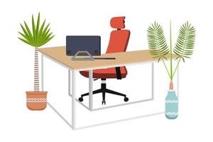 Joli bureau moderne pour bureau à domicile indépendant avec chaise table en forme de l avec plantes d'intérieur ordinateur portable pc vecteur