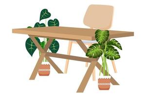 bureau avec chaise et table en bois modernes avec un beau design avec vue 3d avec des plantes d'intérieur