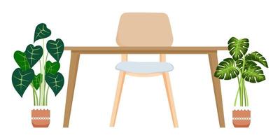 bureau avec chaise et table en bois modernes avec un beau design avec des plantes d'intérieur vecteur