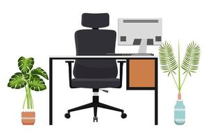 Bureau plat moderne pour bureau à domicile pigiste avec chaise table armoire tiroir pc ordinateur avec plantes d'intérieur vecteur