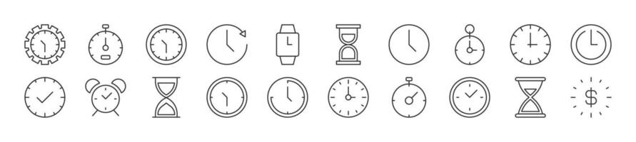 l'horloge comme temps ligne Icônes collection. modifiable accident vasculaire cérébral. Facile linéaire illustration pour la toile des sites, journaux, des articles livre vecteur