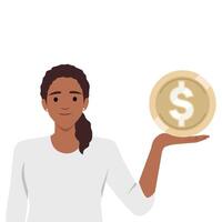 magnifique femme en portant dollar pièce de monnaie, financier et investissement dans numérique actif. vecteur