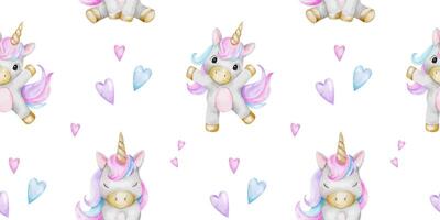 impression de mignonne peu licornes et cœurs. Contexte de bébé poneys. aquarelle main tiré sans couture modèle pour enfants pièces, marchandises, vêtements, cartes postales, bébé douche et garderie, en tissu vecteur