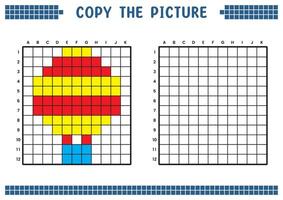 copie le image, Achevée le la grille image. éducatif feuilles de travail dessin avec carrés, coloration domaines. enfants préscolaire activités. dessin animé vecteur, pixel art. chaud air ballon illustration. vecteur