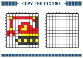 copie le image, Achevée le la grille image. éducatif feuilles de travail dessin avec carrés, coloration domaines. enfants préscolaire activités. dessin animé vecteur, pixel art. clapet excavatrice illustration. vecteur