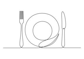 continu un ligne dessin de couteau, fourchette et assiette décoration pour café ou cuisine restaurant ou menu coutellerie vecteur illustration