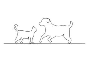 chat et chien continu un ligne dessin vecteur illustration