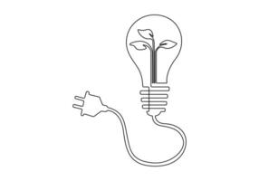 continu un ligne dessin de lumière ampoule avec plante concept vert énergie vecteur illustration