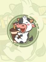 vache mignonne étreignant la tasse de café - personnage de dessin animé et illustration de logo