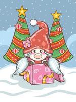 illustration mignonne de fille de gnome avec la boîte-cadeau de noël vecteur