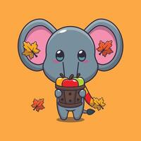 mignonne l'éléphant en portant une Pomme dans bois seau dessin animé vecteur illustration