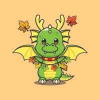mignonne dragon avec l'automne feuille décoration. mascotte dessin animé vecteur illustration adapté pour affiche, brochure, la toile, mascotte, autocollant, logo et icône.