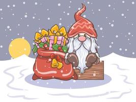 illustration de gnome mignon avec sac cadeau de noël vecteur