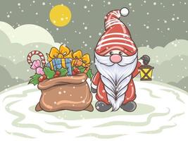 gnome mignon tenant une illustration de noël lanterne vecteur